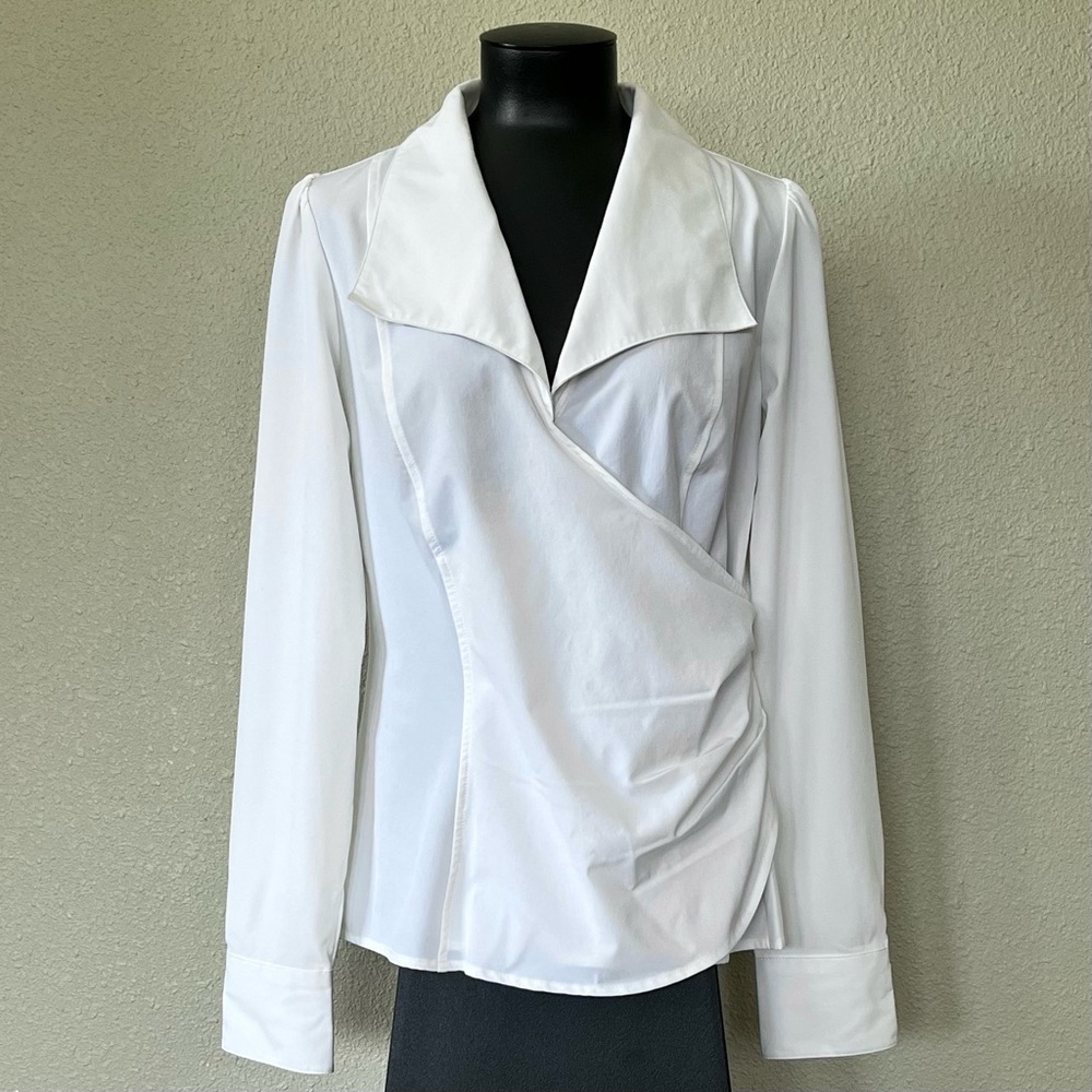 Katherine Barclay White Fitted Wrap Blouse with Notched Collar